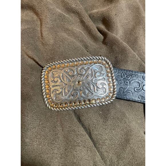 Tony Lama black leather western floral print big buckle belt size 34 main image 7